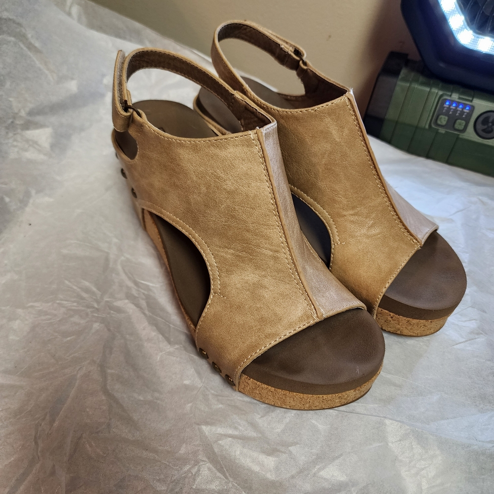 Corkys Tan Open-Toe Wedges